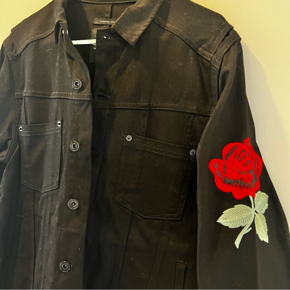 Men’s Publish Black Denim Jacket with Red Rose Patch NWOT Medium